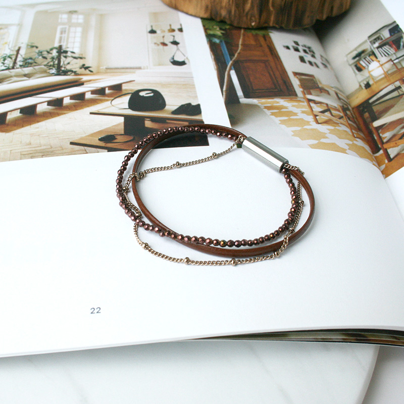 red-brown leather layered bracelet